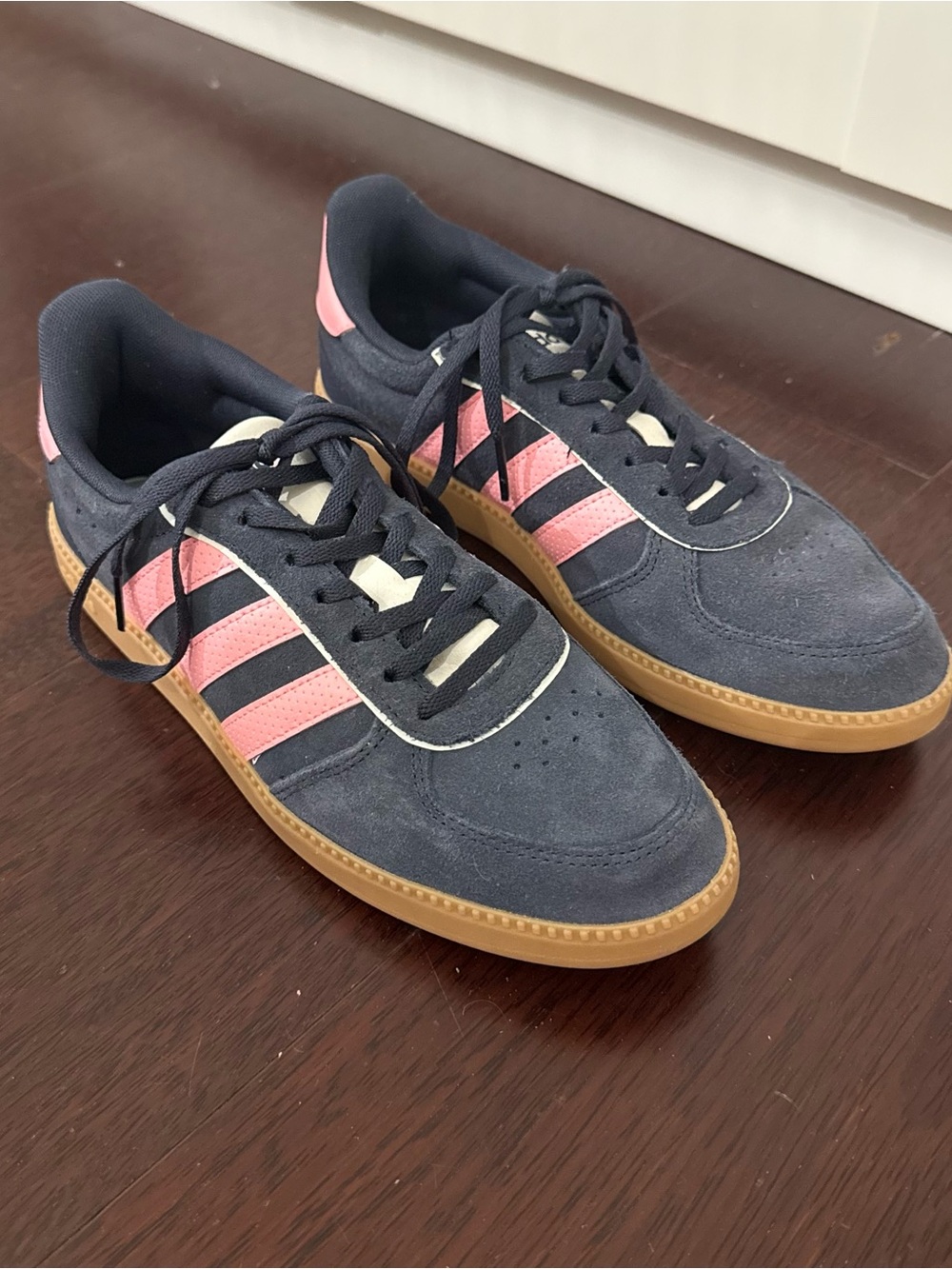 adidas Navy Suede Sneakers with Pink Stripes and Gum Sole
